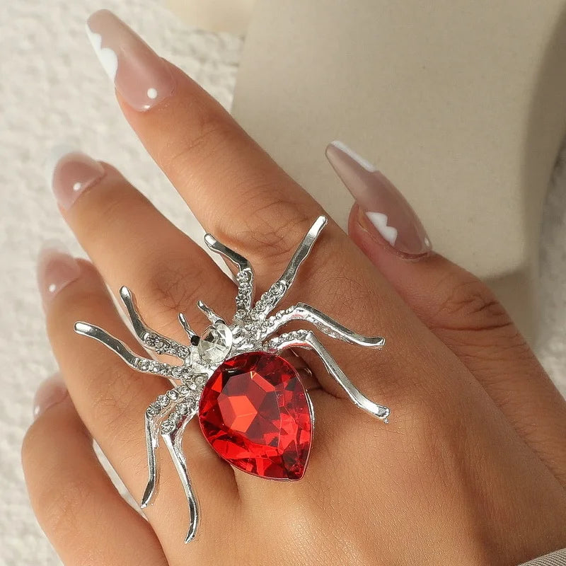 Gothic Punk Spider Insect Animal Rings For Women Men Creative Hip Hop Black Spider Inlaid Crystal Finger Ring Halloween Jewelry