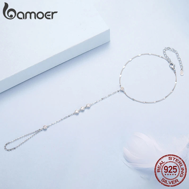 BAMOER 925 Sterling Silber Quastenring-Armband-Set mit zarten Zirkonia-Perlen für Damen – Sommer-Körperschmuck