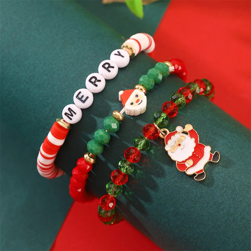 2-5 pcs Cute Christmas Series Bracelet Set For Women Men Santa Claus Snowman Snowflake Pendant Beads Bracelets Party Jewelry