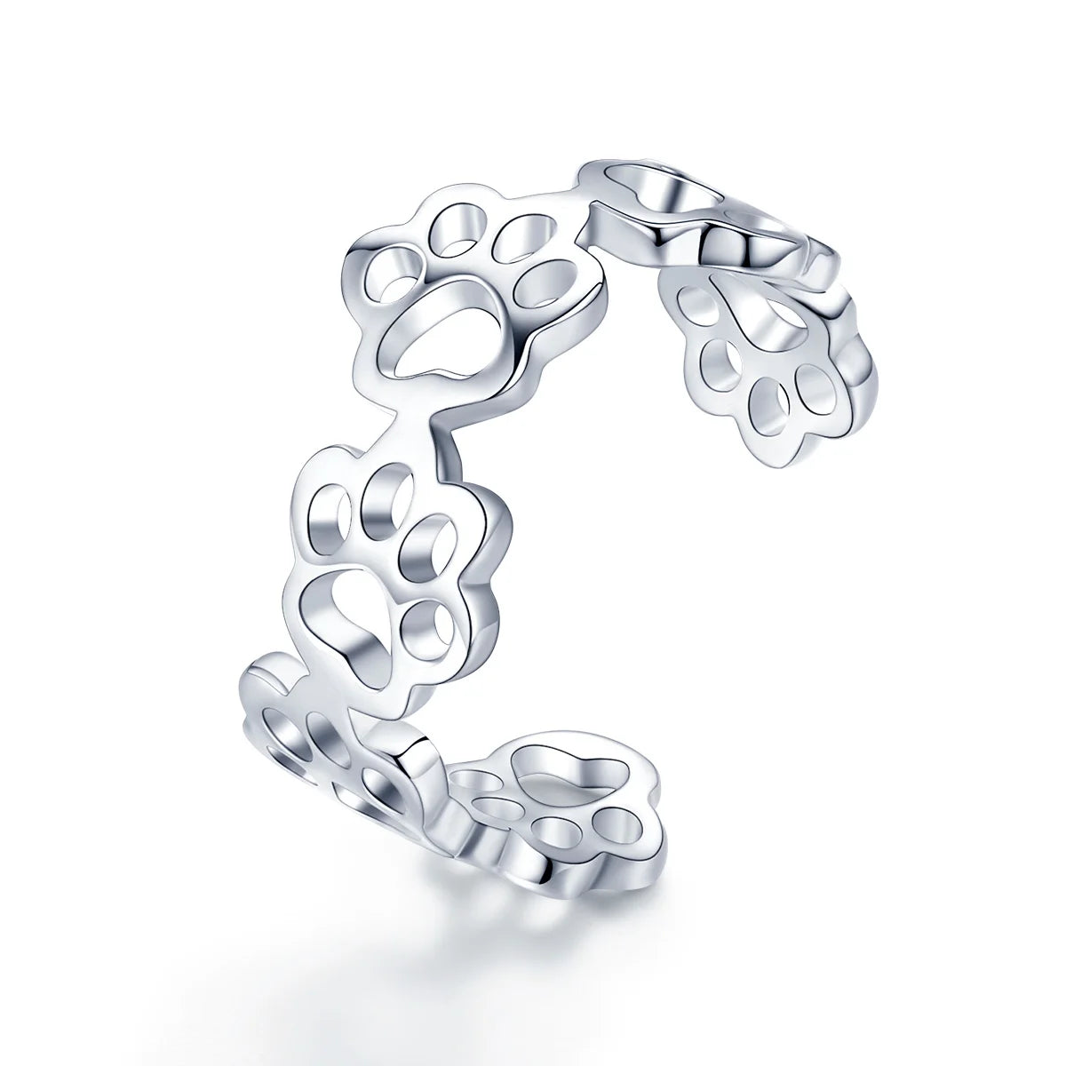 BISAER 925 Sterling Silver Paw Print Open Ring Hollow Pet Paws Band Adjustable Size 5-9 for Women Party Original Fine Jewelry