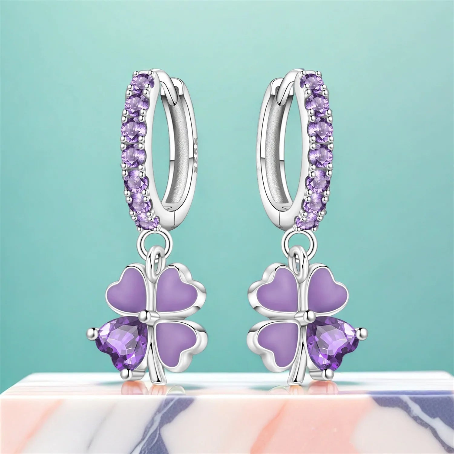 PANPOKI 925 Sterling Silver Purple Zircon Four-leaf Clover Drop Earrings Women Earrings Charm Trend Versatile Jewelry Gifts