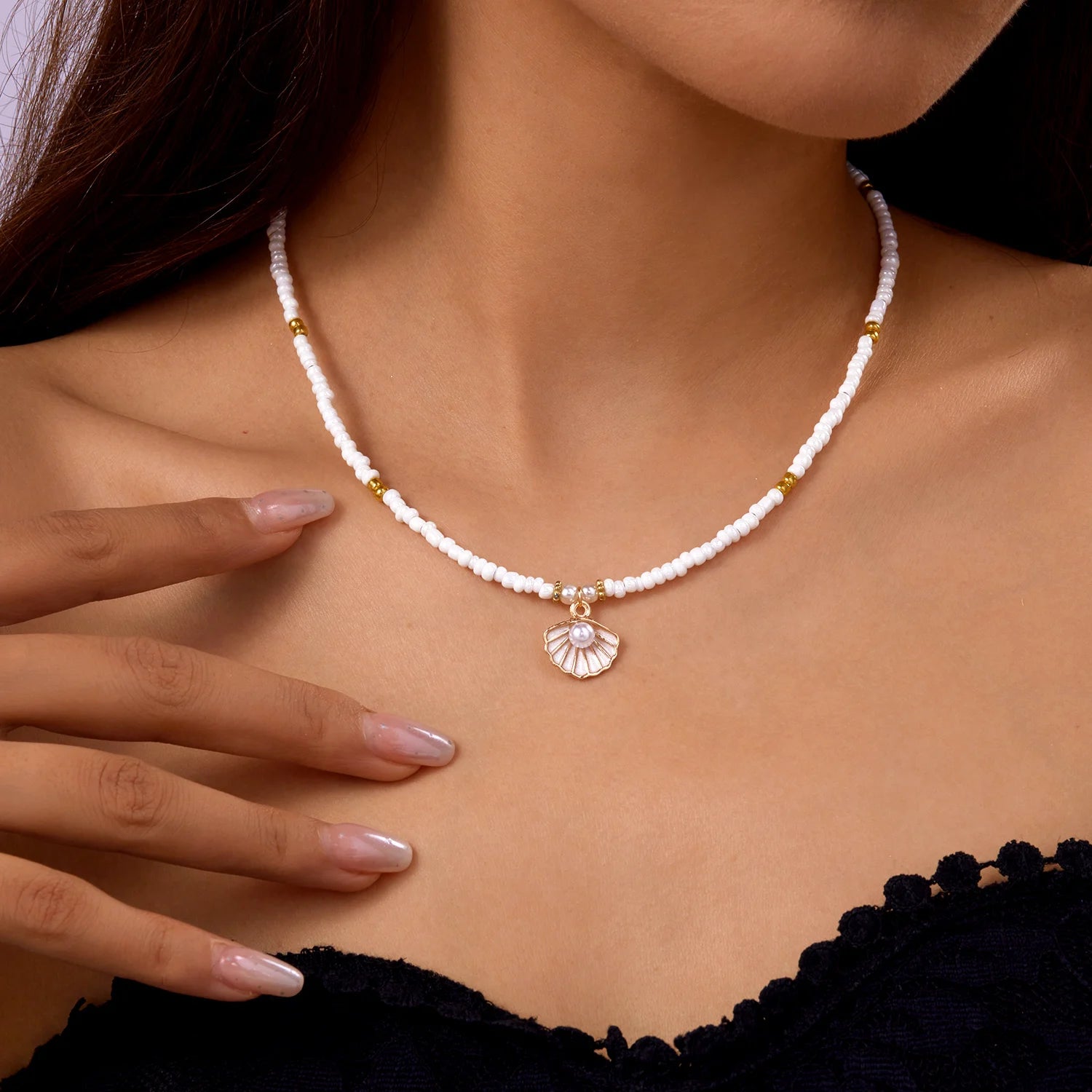 Boho Bohemian Sea Shell Starfish Pendant Necklaces For Women Double Layered Tortoise Imitation Pearl Bead Chain Beach Jewelry