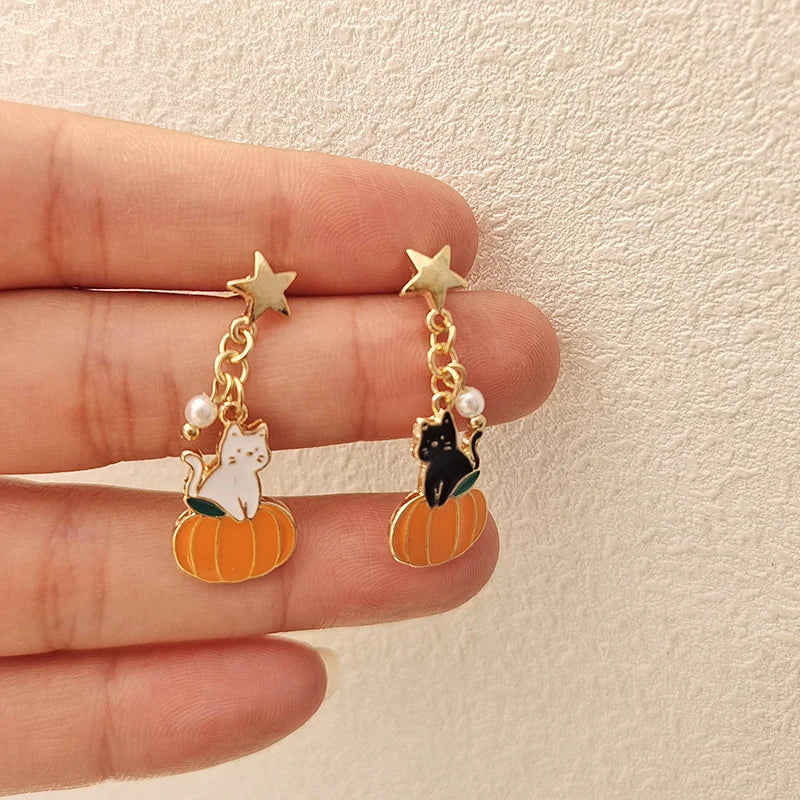 Cute Cartoon Cat Pumpkin Earrings For Women Funny Black White Kitten Fishbone Bowknot Dangle Earring Girls Christmas Party Gifts