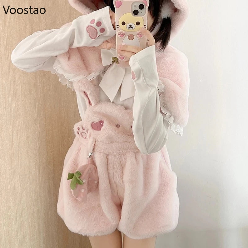 Autumn Winter Japanese Kawaii Lolita Shorts 3 Piece Sets Women Sweet Blouse Cute Shawl Cartoon Plush Overalls Suits Y2k Outfits