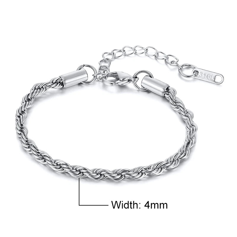 Vnox Unisex Rope Chain Bracelets for Men Women, Stainless Steel Twisted Links Chain Bracelet,Simple Classic Jewelry Gift for Him - Madeinsea©