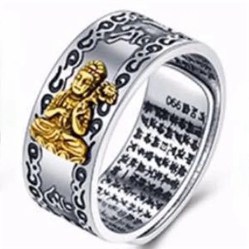 Vintage Silver Eight Guardian Buddha Ring for Men's Jewelry Lucky Twelve Zodiac Amulet Heart Sutra Ring Male Finger Accessories