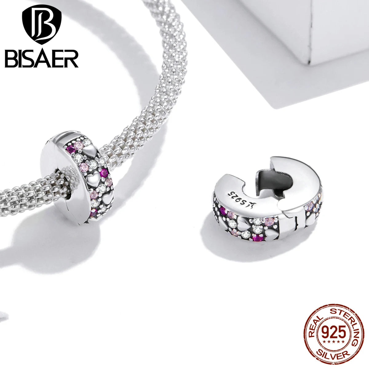 BISAER 925 Sterling Silver Openable Clip Spacer Charm Fit Women DIY Bracelet Lock Stopper Perle Plaqué Platine Fine Jewelry Gift