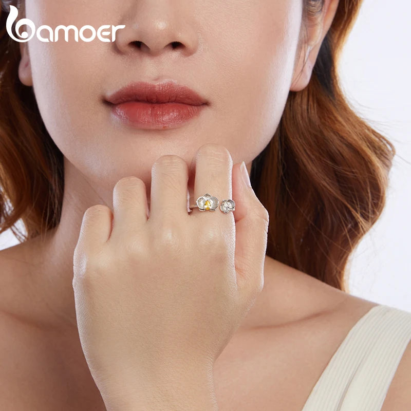 BAMOER 925 Sterling Silber Phalaenopsis offener Ring für Damen, Weißgold plattiert, Glücksblume Schmuck Geschenk Mode Geburtstagsgeschenk