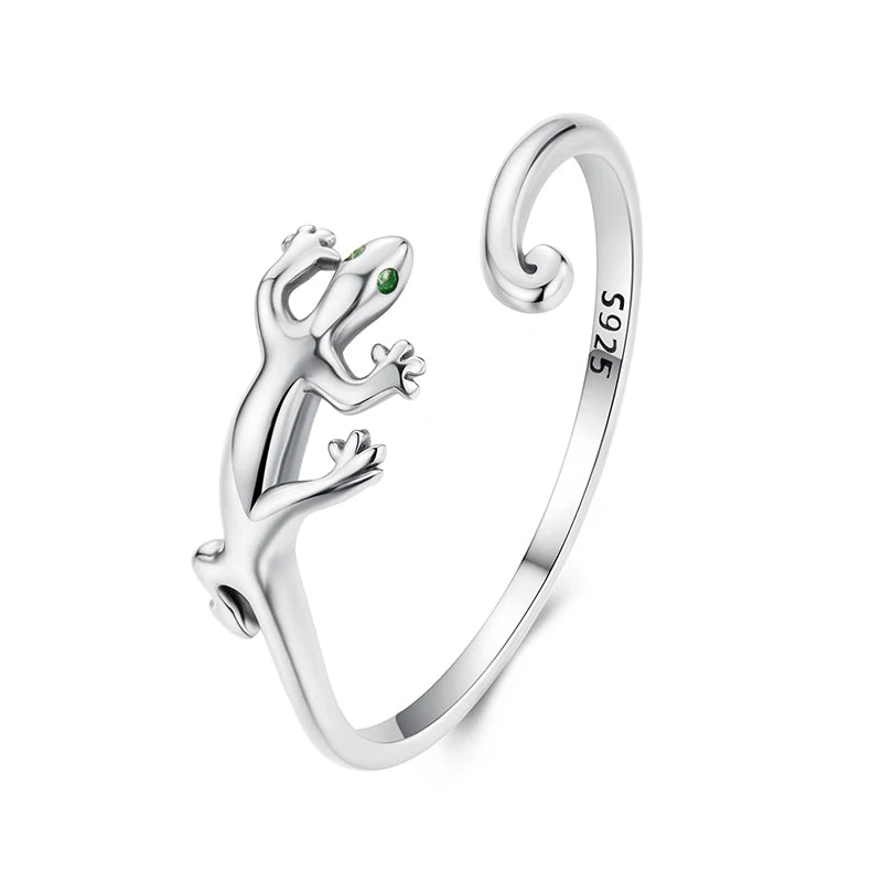 BAMOER 925 Sterling Silver Gecko Lizard Open Ring Lucky Animal Ring with Green Zircons for Lover Girl Simple Birthday Party Gift
