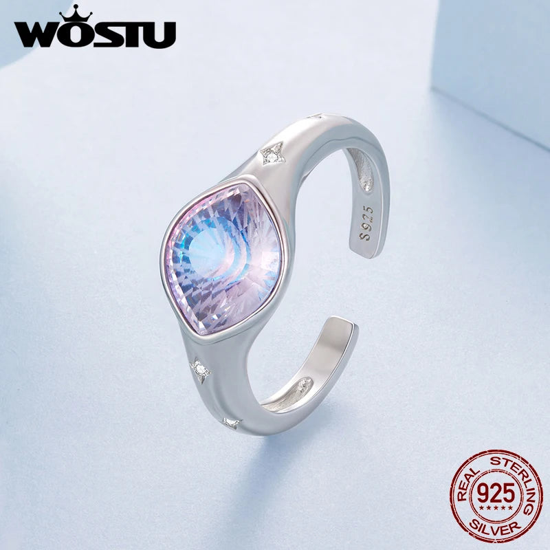 WOSTU 925 Sterling Silber Riesiger Ring mit offenem Nazar-Auge und Regenbogenkristall, Luxuriöser Statement-Ring mit Schutzauge, Geschenk für Cocktailpartys