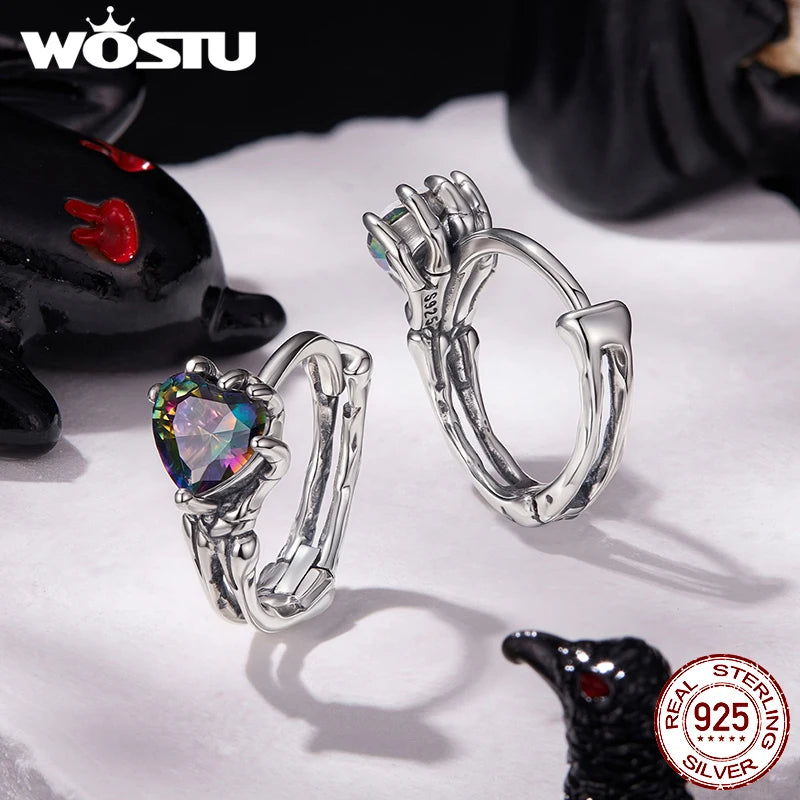 WOSTU 925 Sterling Silver Heart Rainbow Gems Gothic Huggies Earrings For Women, Skeleton Hand Punk Hoop Earring Halloween Gift