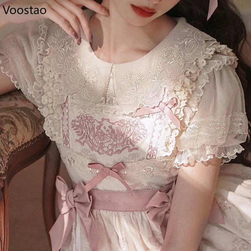 Victorian Vintage Lolita Shirt Japanese Women Elegant Sweet Lace Ruffle Embroidery Long Sleeve Blouse Y2k Aesthetic Clothes Tops - Madeinsea©