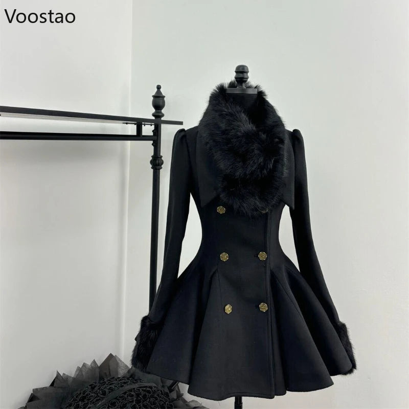 Autumn Winter Japanese Elegant Lolita Woolen Coat Women Sweet Fur Collar Slim Jacket Female Korean Y2k Warm Dress Cute Overcoat