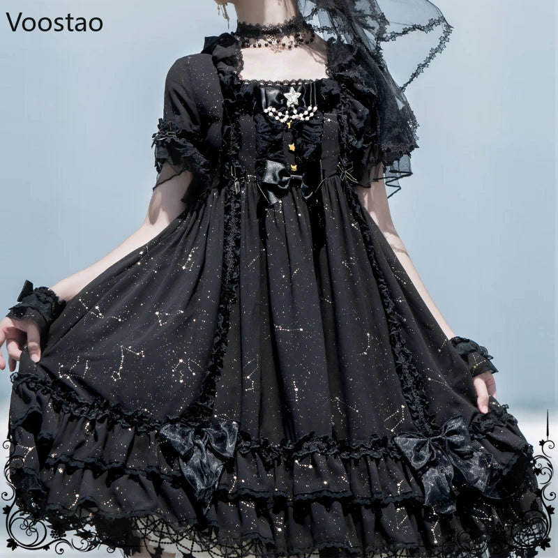Victorian Gothic Lolita Dress Women Elegant Sweet Dark Bow Pearl Chain Evening Party Dresses Harajuku Y2k Punk Princess Dress
