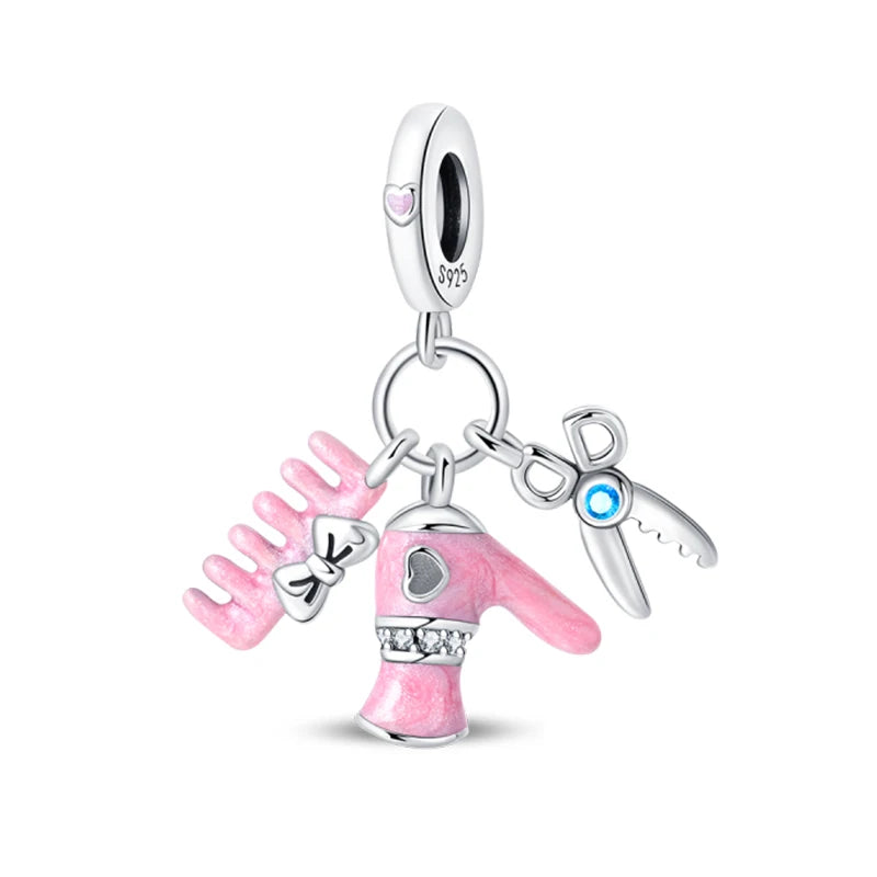 925 Silver Charms Beads Fit 3mm Original Bracelet Game Machine Box Afternoon Tea Dessert Romantic Pink Pendant DIY Jewelry