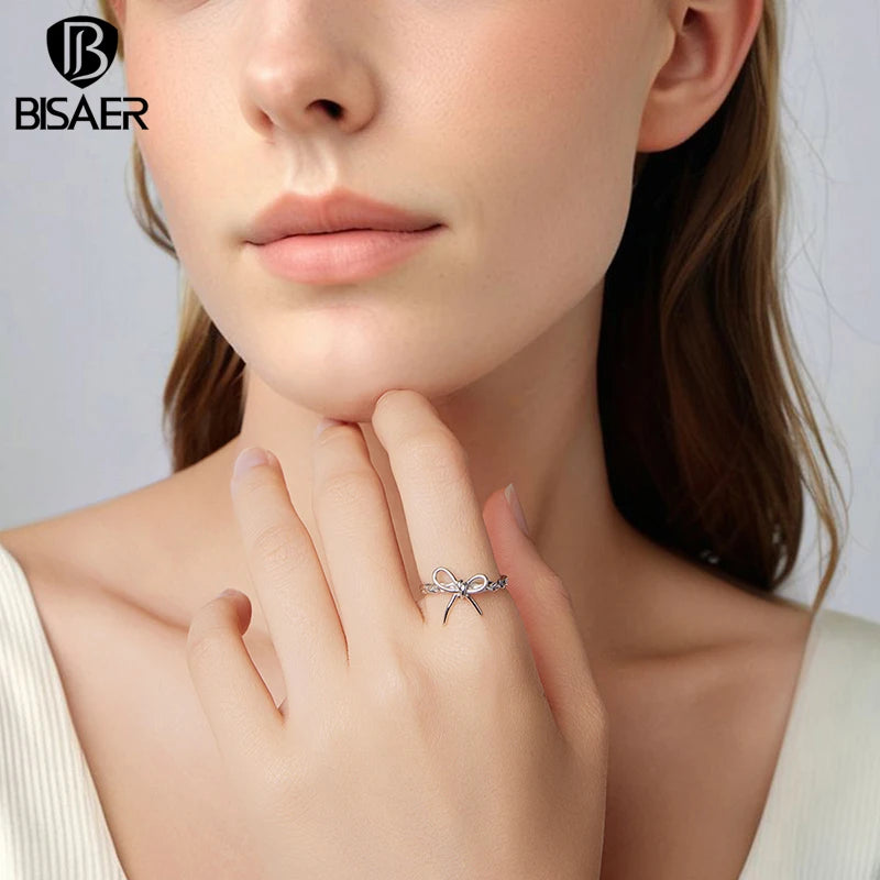 BISAER 925 Sterling Silver Weaving Bow Open Ring Bow-knot Statement Band Plated White Gold for Women Party Original Fine Jewelry