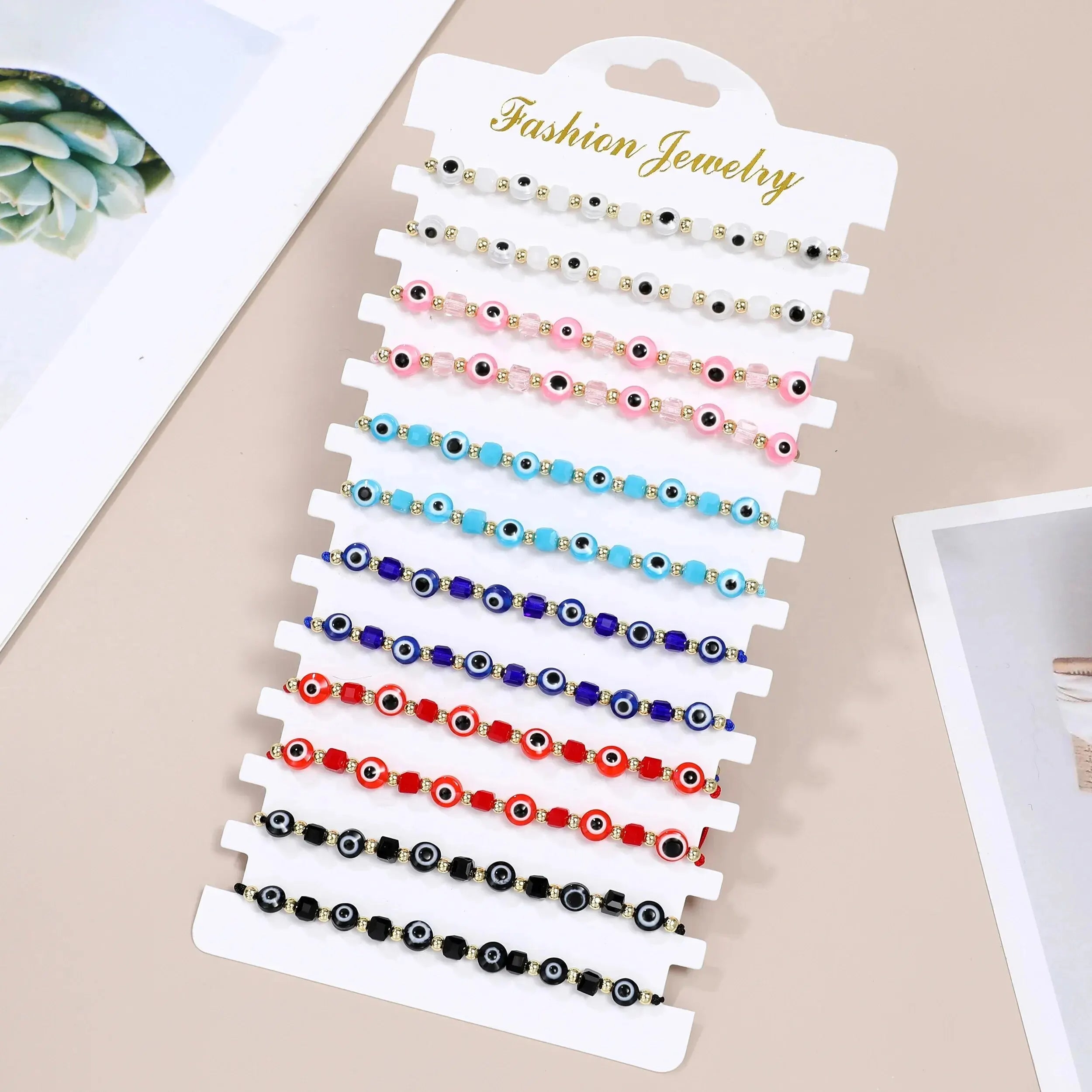 12pcs New Evil Eye Square Crystal Bracelet Handmade Prayer Bangles Adjustable Anklets Wrist Jewelry Gift for Friend