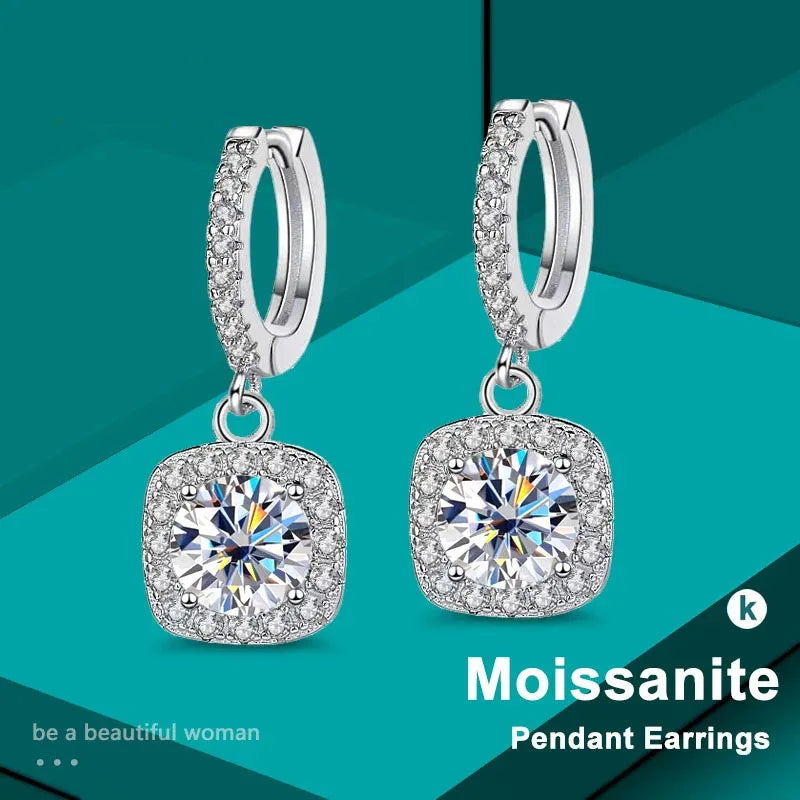 Boucles d'oreilles en moissanite couleur D, argent sterling 925 plaqué or blanc, pour femme, bijou de mariage et de fiançailles.