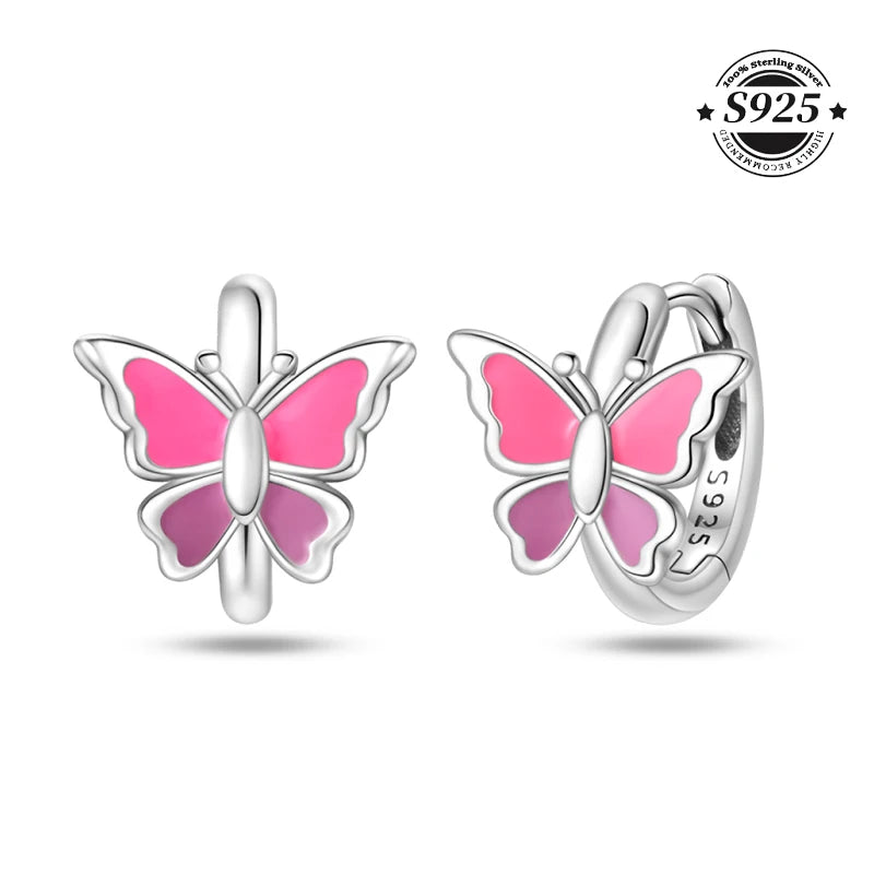 Simple Original 100% 925 Sterling Silver Sparkling Zircon Butterfly Liquid Metal Double Hoop Earrings For Women Wedding Jewelry
