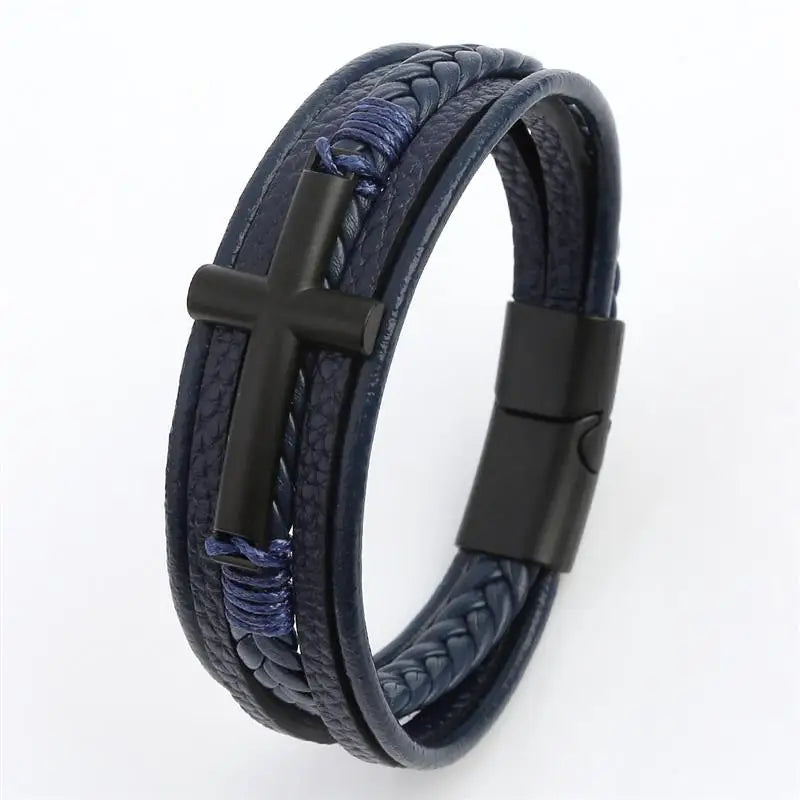 Multicolor Cross Design Classic Metal Clasp Men's Leather Bracelet 19/21/23cm Choose Handsome Christmas Gifts Male Jewelry