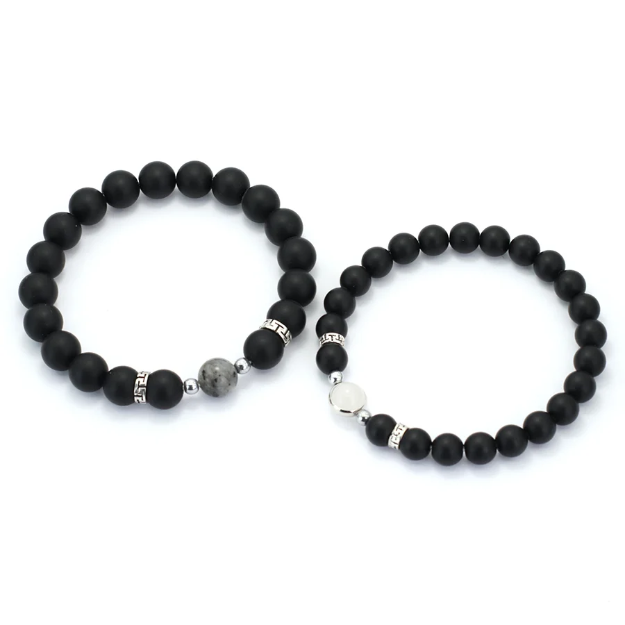 Romantic 2Pcs/Pair Couple Bracelet 8mm 10mm Beads Strand Braslet Valentine Day Gift Obsidian Blue Sandstone Matching Braclet