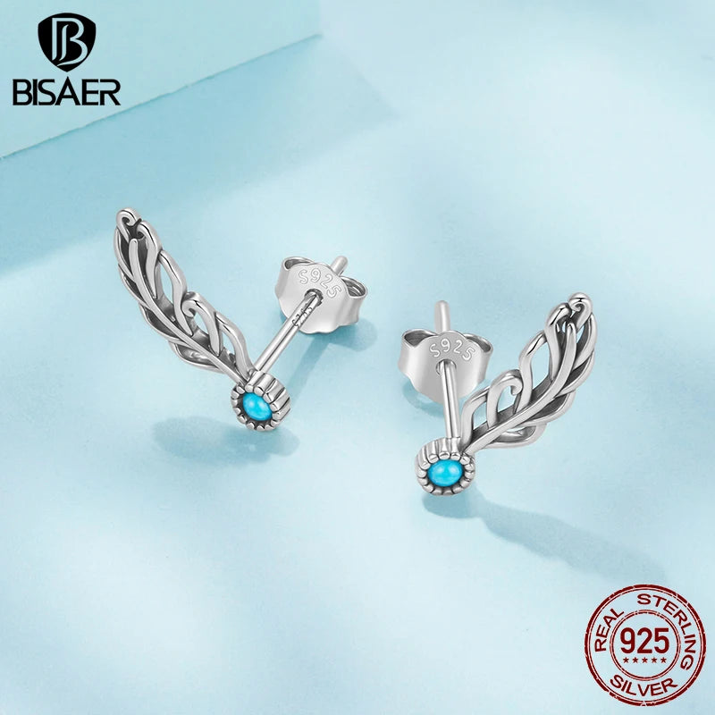 BISAER 925 Sterling Silver Turquoise Feather Stud Earrings Vintage Feathers Stud Ear for Women & Girls Party Fine Jewelry Gift