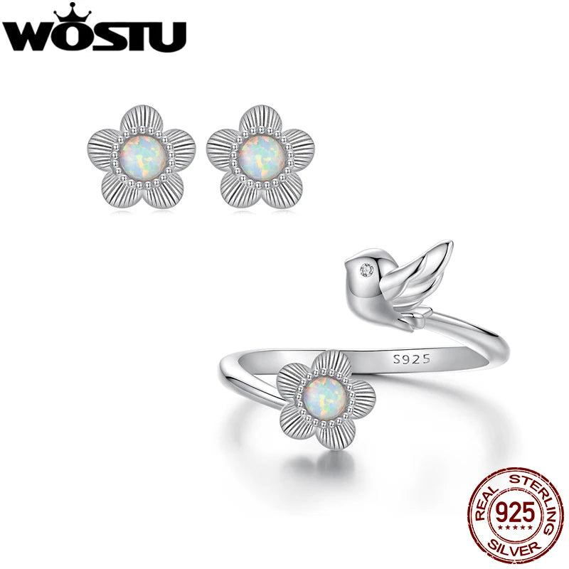 WOSTU 925 Sterling Silver Opal Gems Flower & Bird Open Ring al Flowers Stud Earrings For Women Party Jewelry Set Mom's Family Gi