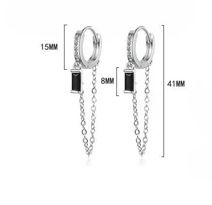 Boucles d'oreilles créoles en argent sterling 925 véritable, chaîne tendance, zircon noir, style huggy, pour femme, cadeau de mariage ou d'anniversaire, bijou raffiné DG0004