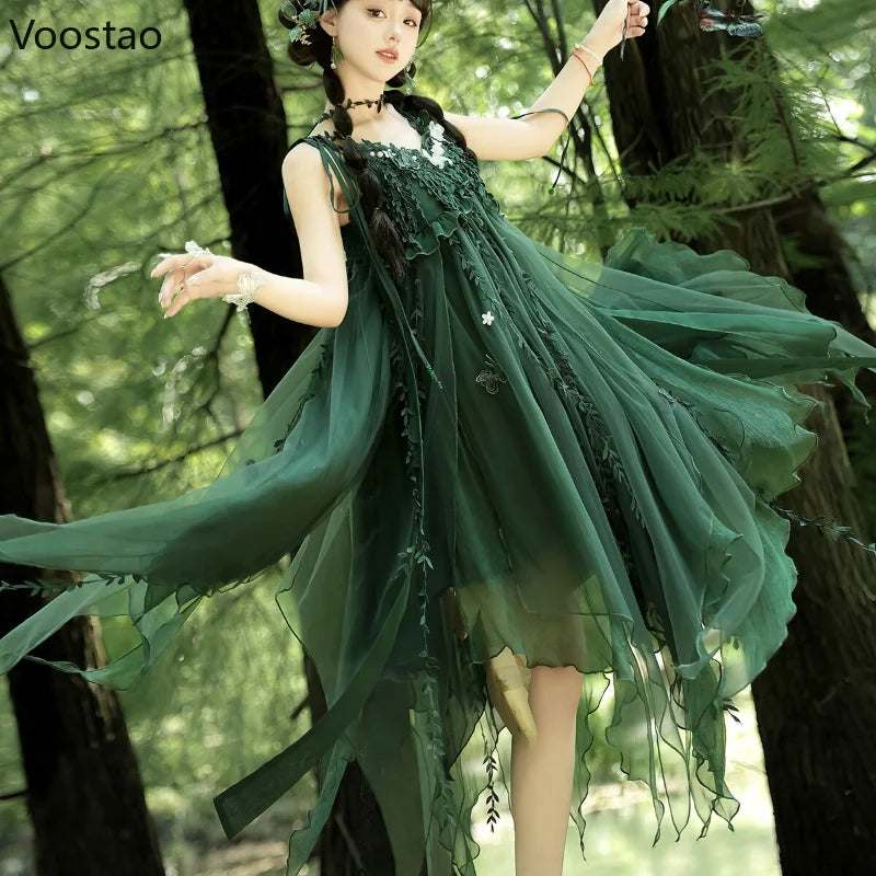 Sweet Lolita Jsk Dress Women Elegant Green Butterfly Embroidery Cane Vine Design Suspender Princess Dresses Cosplay Party Dress