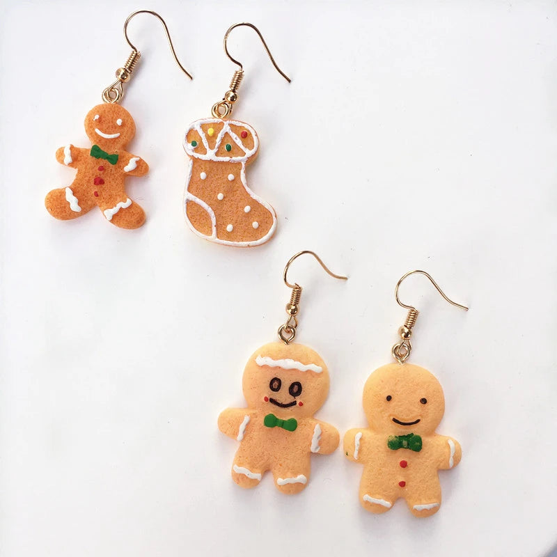 Christmas Gingerbread Man Resin Earrings for Women Biscuits House Xmas Tree Gloves Pendant Earring Girls New Year Jewelry Gift