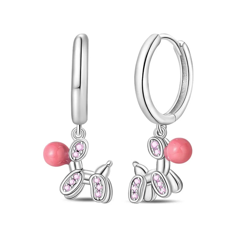 New Earring For Women 925 Silver Sparkling Butterfly Bear Pink Heart Princess Double Hoop Earrings Luxury Party Jewelry