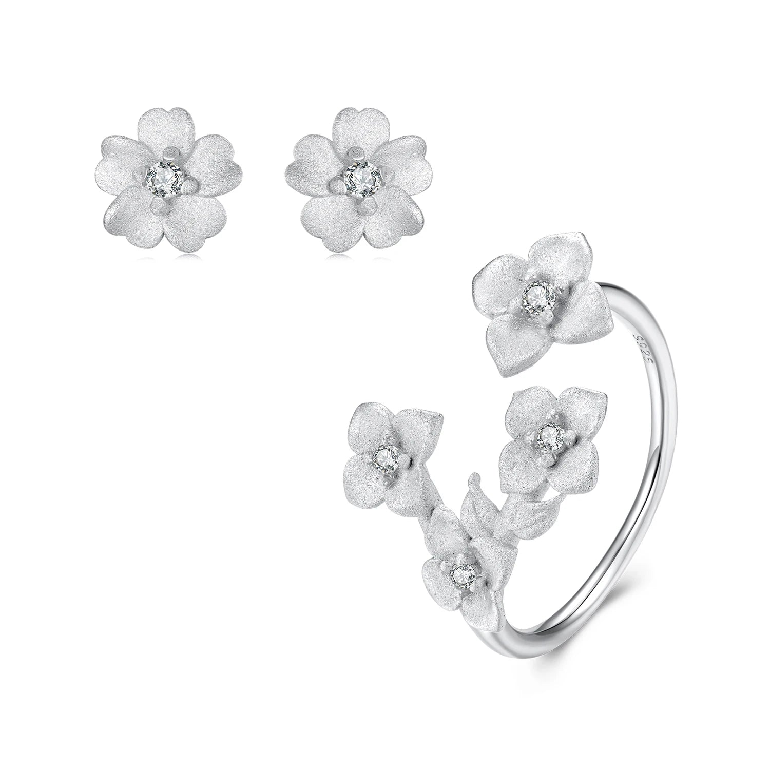 BISAER 925 Sterling Silver Frosted Texture Flower Jewelry Set Zircon Stud Earrings Open Ring for OL Women Party Fine Jewelry