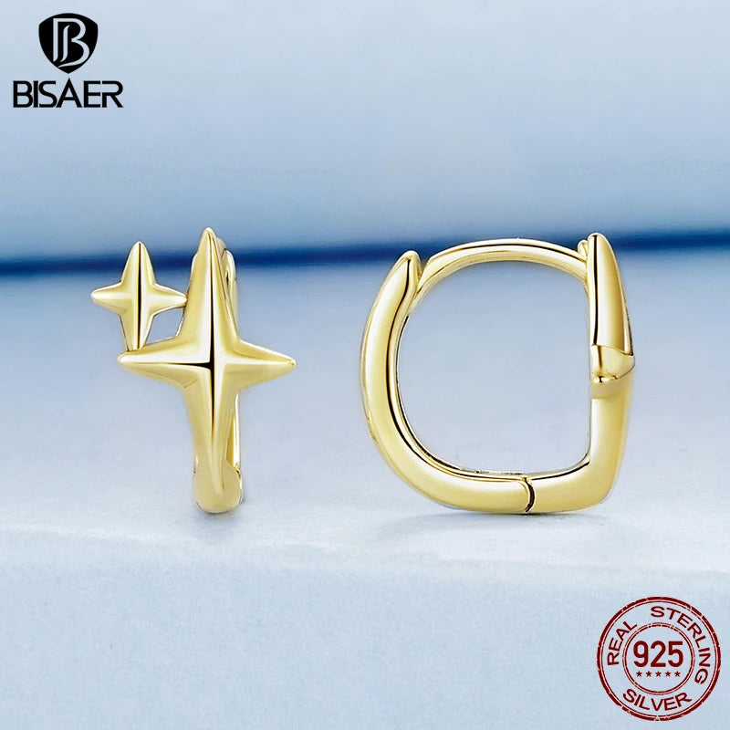 BISAER 925 Sterling Silver Starlight Hoop Earrings Star Huggie Earrings Hoop Plated Gold For Women Party Weeding Fien Jewelry