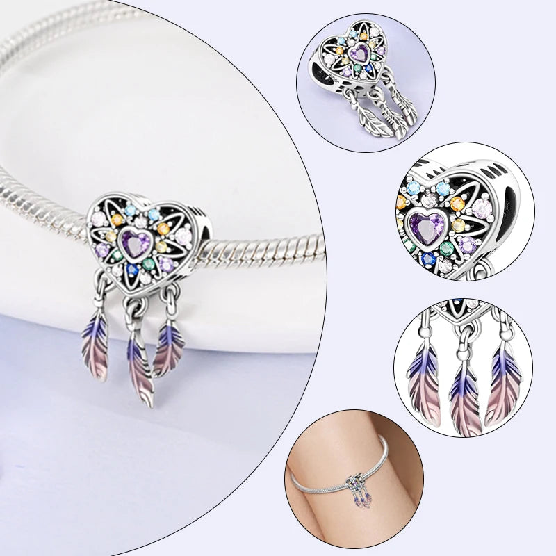 925 Sterling Silver Pendant Charms Feather Dreamcatcher Charm Bead For Original Charm Bracelet Necklace Bead DIY Jewelry Gift