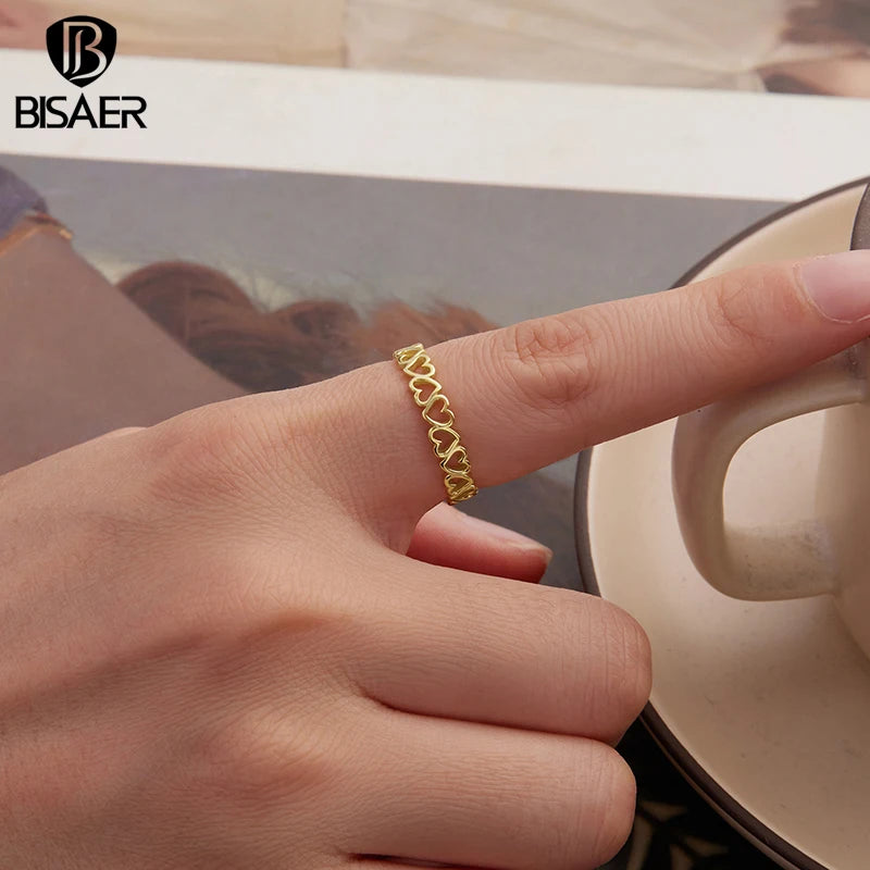 BISAER 925 Sterling Silver Hollow Heart Open Ring Eternal Love Band Adjustable Size 5-9 Plated Gold for Women Party Fine Jewelry