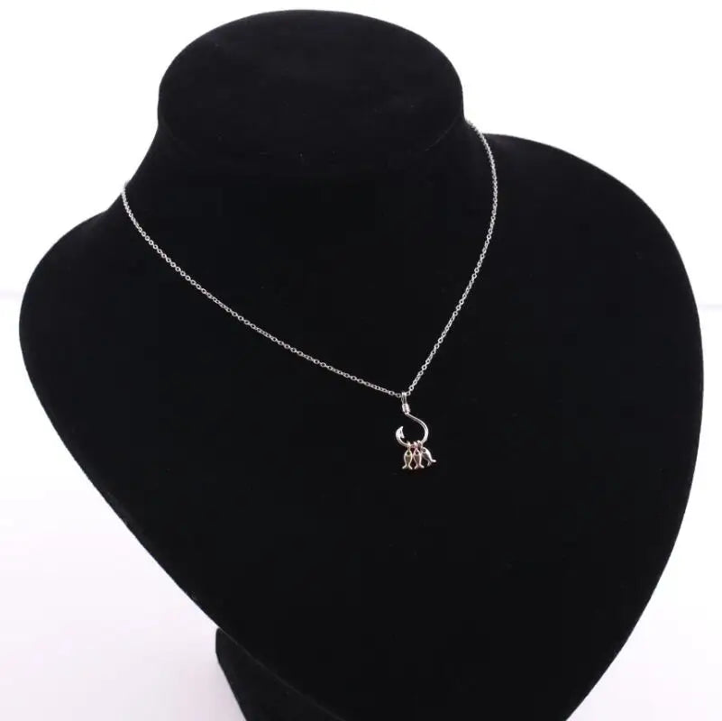 ANENJERY Silver Color Cute Three Small Fish Pendant Necklace With Fish Hook Charms Jewelry For Best Friend Gift