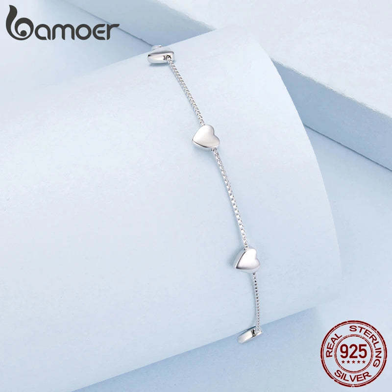 BAMOER  925 Sterling Silver Adjustable Heart Bracelet Dainty Box Chain Bracelet for Women Teen Girls Sweet Birthday Gift