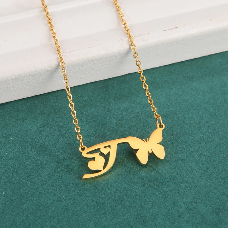 New Fashion 26 Initials Letter Pendant Butterfly Necklace for Women Elegant Stainless Steel Gold Color Necklace Jewelry Gift