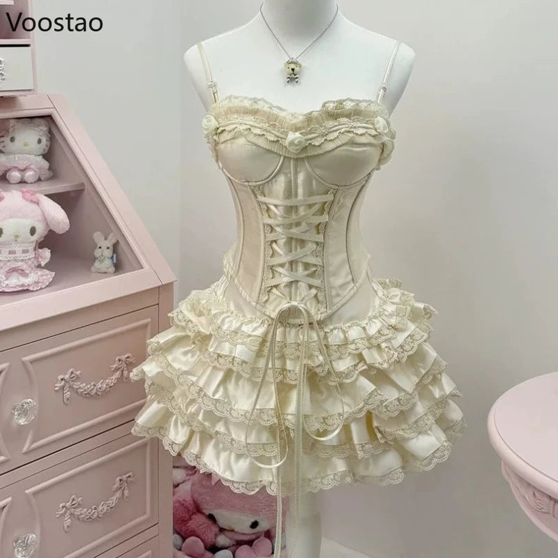 Sweet Harajuku Lolita Princess Skirt Suits Japanese Design Sense Women Bow Tank Tops Mini Cake Skirts Lace Hot Chick 2 Piece Set