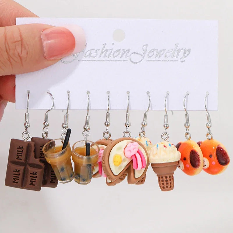 New Cartoon Heart Ice Cream Milk Tea Earrings Set for Women Girl Cute Colorful Geometric Animal Drop Earring Trendy Jewelry Gift - Madeinsea©