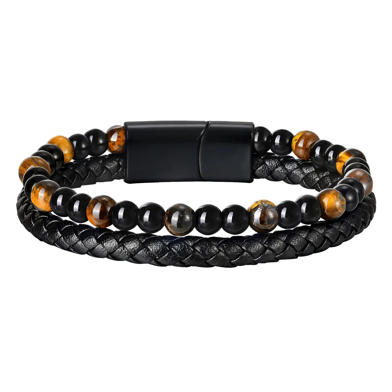 Vnox Tiger Eye Stone Bracelet Men, Blue Black Beads Bracelets, Black Braided Leather Bangle Gift for Dad Fathers Day - Madeinsea©