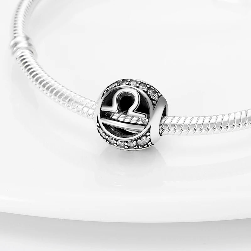 925 Silver Plate 12 Constellation Round Zircon Charms Beads Fit Pan 925 Original Bracelets Fine DIY Birthday Jewelry Gifts