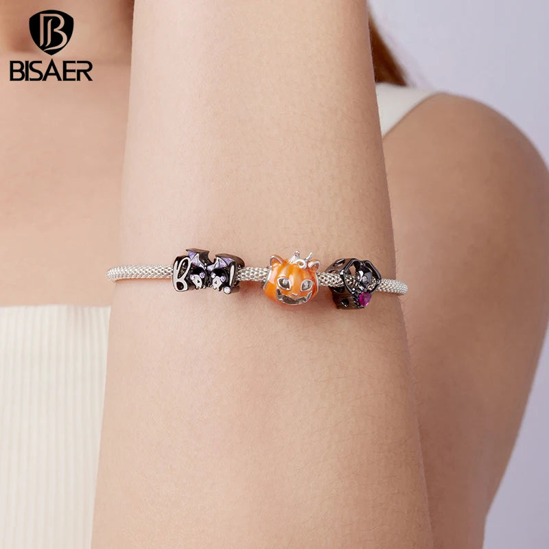 BISAER 925 Sterling Silver Halloween Skull & Pumpkin Charm Bead Pumpkin Cat Magic Crystal Pendant for Women DIY Bracelet Jewelry