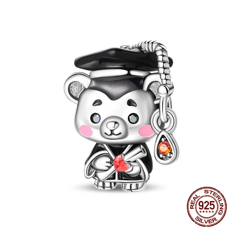 Original 925 Sterling Silver Charms Beads Graduation Season College Entrance Bachelor's Cap Pendant for Bracelet Charm Jewelry