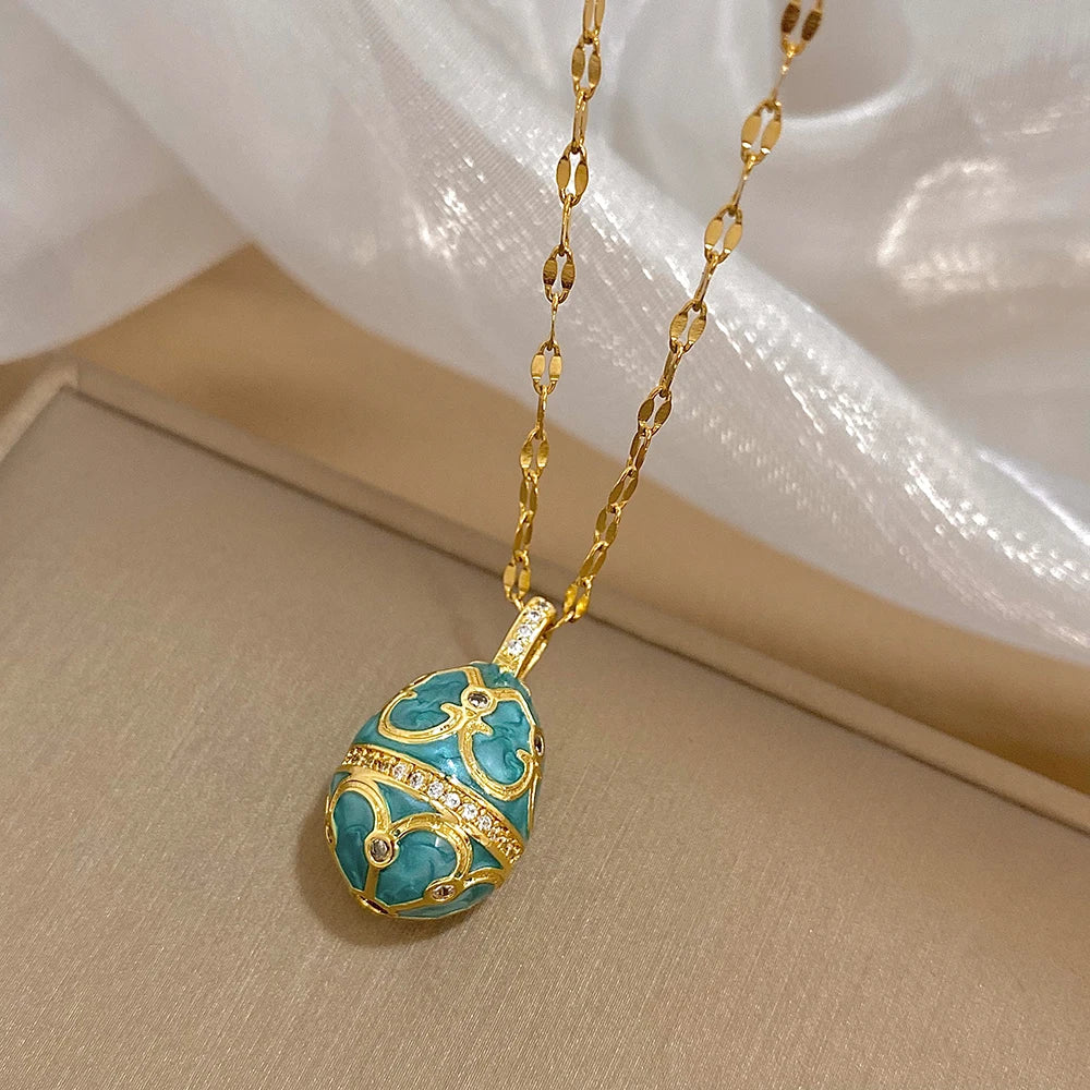 AENSOA Colorful Enamel Easter Egg Pendant Necklaces for Women Guilloche Locket Egg Rhinestone Charm Necklace Gold Color Jewelry