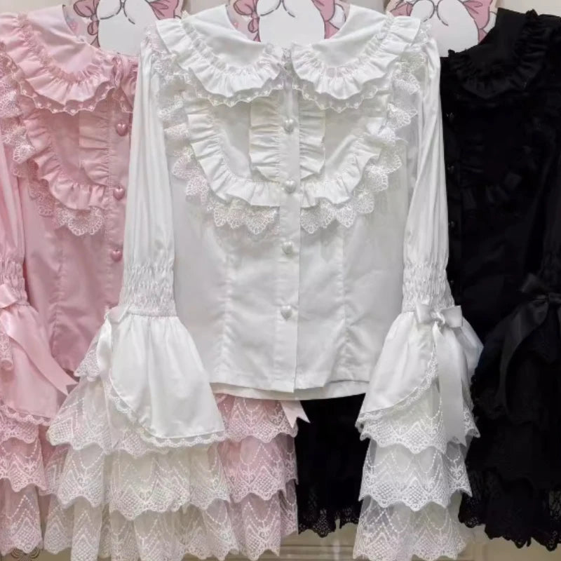 Japanese Sweet Lolita Style Blouses Women Cute Lace Peter Pan Collar Bow Flare Long Sleeve Gothic Shirts Female Kawaii Y2k Tops