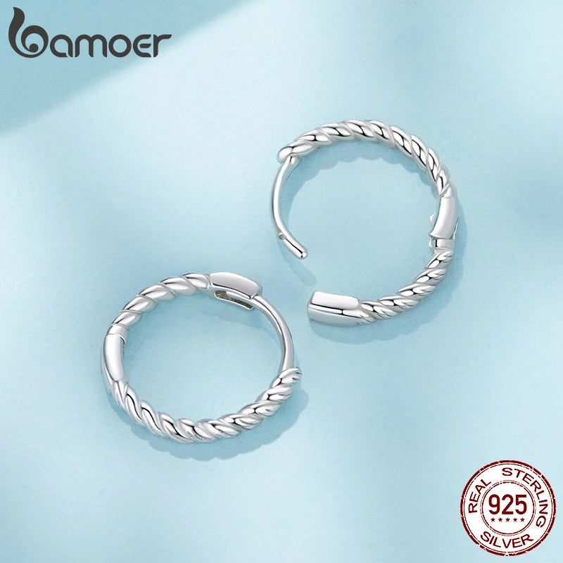BAMOER 925 Sterling Silver Twisted Hoop Huggies Earrings for Women Oxidized Vintage Circle Ear Cuff for Women Retro Jewelry Gift