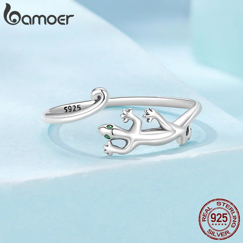 BAMOER 925 Sterling Silver Gecko Lizard Open Ring Lucky Animal Ring with Green Zircons for Lover Girl Simple Birthday Party Gift