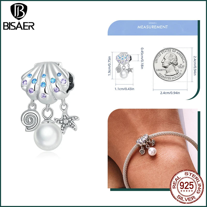 BISAER Real 925 Sterling Silver Bule Turtle Crab Charm Bead Sea Shells Pendant For Women DIY Bracelet & Necklace Holiday Gifts