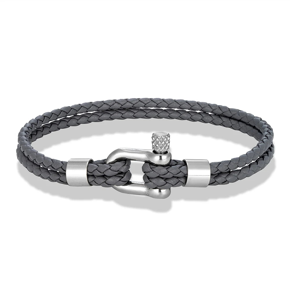 MKENDN Gold Plated Stainless Steel Shackle Bracelet Men Women Simple Double Layer Braided Blue Leather Bracelets Handmade Gifts
